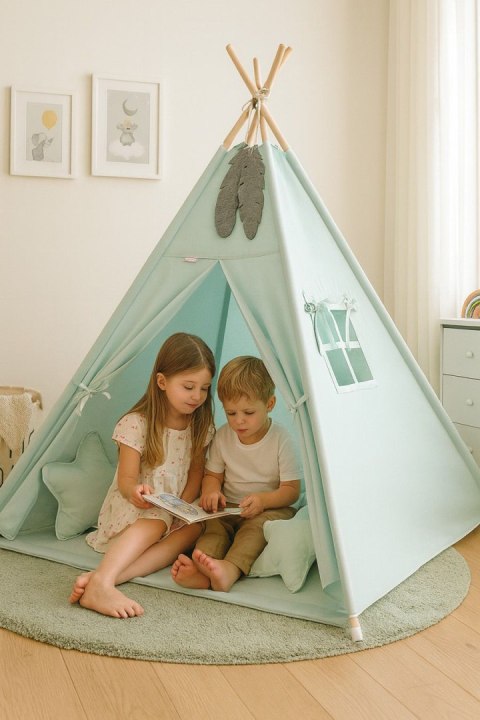 Namiot Tipi dla dzieci + zawieszki pióra - jasna mięta