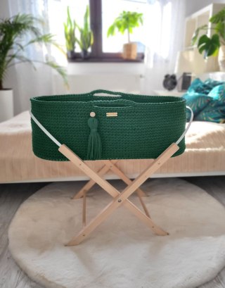 Kosz Mojżesza BOHO bawełniany Handmade z materacykiem - butelkowa zieleń