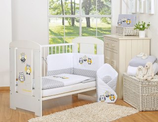 Komplet pościeli dla dzieci 120x90cm z ochraniaczem 3-cz Sówki szare z haftem szaro-żółtym
