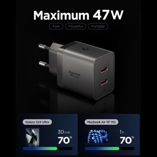 Spigen Essential EE472EU GaN - Ładowarka sieciowa 2x USB-C PD PPS 47W (Gunmetal)