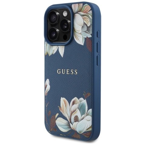 Guess Grained Printed Flower Pattern MagSafe - Etui do iPhone 16 Pro (niebieski)