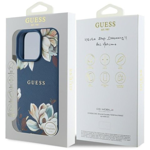 Guess Grained Printed Flower Pattern MagSafe - Etui do iPhone 16 Pro (niebieski)
