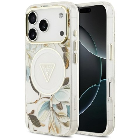 Guess IML Glitter Flowers Triangle MagSafe - Etui iPhone 17 Pro (biały)