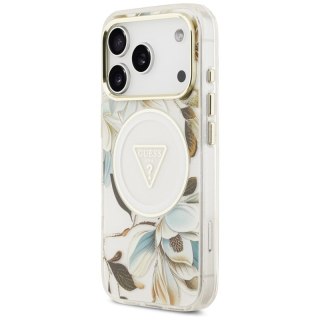 Guess IML Glitter Flowers Triangle MagSafe - Etui iPhone 17 Pro (biały)